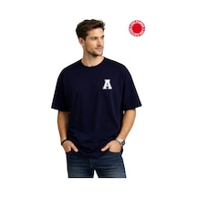 A Logo Baskılı Lacivert Oversize Tişört - %100 Pamuk Lacivert