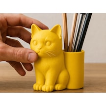 3d Baskı Kedi Figürlü Kalemlik - Masaüstü Organizer - Sarı Çok Renkli