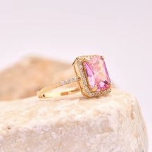 14 Ayar Altın Tektaş Pembe Topaz Yüzük, Zarif Doğum Taşı Hediyesi 14 Ayar Altın