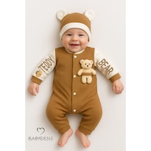 Babyden's Teddy Bear Temalı Yenidoğan Fitilli Tulum Takımı Ayıcıklı Erkek Bebek Tulum Şapka Set %100pamuk Kahverengi