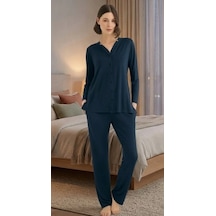 Bicomi Önden Düğmeli, Kolay Kullanım Gece Mavisi Şık Pijama Seti Gece Mavisi
