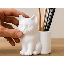 3d Baskı Kedi Figürlü Kalemlik - Masaüstü Organizer - Beyaz Diğer