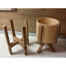 3d Baskı Ayaklı Çizgili Saksı - Bej Standlı Dekoratif Saksı - Bej
