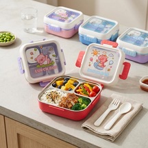 Paslanmaz Çelik 3 Bölmeli Kilitli Yemek Kabı 2000 Ml, Çatal Kaşık Dahil Renkli Desenli Lunch Box, Çelik İç Hazneli Saklama Ve Taşıma Kabı