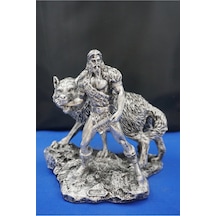 Tyr Savaş Tanrısı Heykeli - Kurtlu Try Biblo - 26 Cm Mitolojik Obje Hediyelik Dekor Gümüş