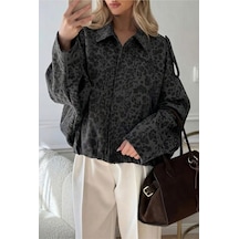 Femelle Kadın Antrasit Oversize Leopar Desen %100 Pamuk Astarlı Fermuarlı Süet Mont