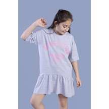 Toontoy Kız Çocuk Baskılı Eteği Büzgülü Düşük Kol Elbise Gri Melanj