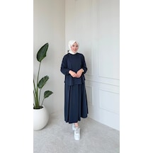 Mihran Butik Lily Model İthal Pike Kumaş Bilek Büzgü Detaylı Kadın Takım Lacivert