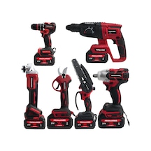 Prohummer Ph338 Profesyonel Kömürsüz Akülü Kırmızı 6lı Set - 21v 4ah Kırıcı Delici, Somun Sıkma, Vidalama, Avuç Taşlama, Dal Budama Makası, Dal Testeresi