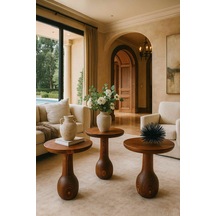 Meşe Renk Ahşap Mantar Sehpa Seti 3 Lü Doğal Zigon Fiskos Takımı Meşe