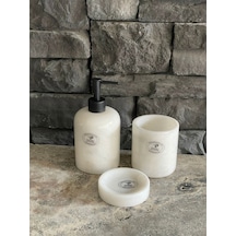 Beyaz Mermer Sıvı Sabunluk, Diş Fırçalığı. Katı Sabunluk 3'lü Set. Siyah Aksesuarlı Beyaz