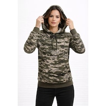 Kadın Kamuflaj Desenli 2 İplik 4 Mevsim Kapüşonlu Kanguru Cepli Hoodie Sweatshirt - Kamuflaj