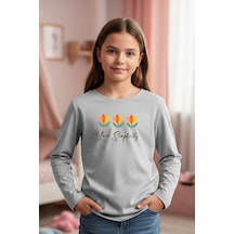Yuvarlak Yaka Çiçek Baskı Detaylı Kız Çocuk Sweatshirt Gri