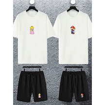 Unisex Kadın Erkek Süper Mario Ve Prenses Baskılı Sevgili Çift Kombini Tasarım Oversize Tshirt Şort Siyah Beyaz Mck2349 Siyah Beyaz