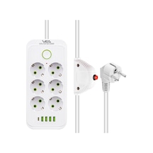 6'lı Akım Korumalı Priz, Beyaz, 1.5 Metre Kablo, 4 Usb Ve Type-c Portlu, 3000w, 16a Kapasite