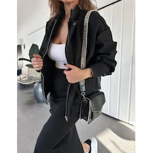 Ryse Mevsim Kaşe Fermuarlı Ceket Etek Takım Kaşmir Ceket Etekli İkili Takım Kaşe Bomber Ceket-etek Takım Siyah