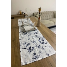40x150 Lacivert Çiçekli İnce Keten Dekoratif Runner