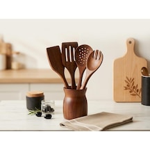 Premium Akasya Ağacı Mutfak Gereçleri Seti - 4 Parça Kaşık/spatula Seti Ve Şık Ahşap Tutucu - Gıdayla Temasa Uygun, Doğal Ve Antibakteriyel - Mutfak İçin Ergonomik Tasarım