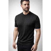 Barlashive Erkek Yazlık Triko Dokuma Tişört Kısa Kol Bisiklet Yaka Örgü Desenli T-shirt - Siyah Çok Renkli