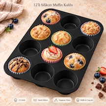 Tilbe Home 12'li Silikon Muffin Kalıbı Siyah Cupcake Mini Kek Browni Kurabiye Tatlı Pişirme Tepsisi Esnek Tek Parça Yuvarlak Bölmeli Porsiyonluk İkram