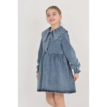 Kız Çocuk Taş Süslemeli Ve Geniş Yakalı Jean Elbise 12453 İndigo