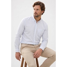 Tudors Erkek Slim Fit Dar Kesim %100 Pamuk Düğmeli Yaka Çizgili Uzun Kollu Cepli Keten Efektli Gömlek-51188 Yeşil