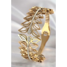 316l Çelik Gold Renk Zirkon Taşlı Detay Yaprak Model Kadın Kelepçe