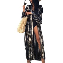 Yucama Damen Chiffon Boho Kimono Maxi-kleid Strandkleid Lang Sommerkleid - H Siyah Bej