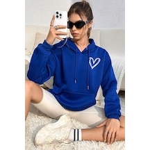 Unisex Heart Baskılı Oversize Sweatshirt Mavi
