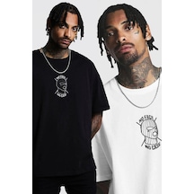 2'li Siyah Beyaz - Unisex Oversize Yaka Face Baskılı Örme T-shirt Siyah-beyaz-57632