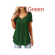 Yeşil Bayan O Boyun Düğmesi Gevşek Elastik Bayanlar Kısa Kollu Tunik Gömlek Kadın Rahat Bluzlar Tops Yeşil