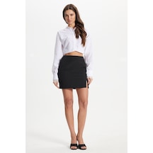 Tudors Kadın Slim Fit Dar Kesim Yırtmaç Detaylı Likralı Siyah Etek-50879