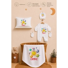 Pia Baby İsme Özel Erkek Bebek Tulum Seti %100 Pamuk Organik Baskılı Yastık Kılıfı Ve Battaniyeli Tulum 2056tybyx Ekru