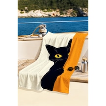 Kedi Figürlü Modern Plaj Havlusu-minimalist Siyah Turuncu Havuz Deniz Hızlı Kuruyan Mikrofiber Havlu Pastel Çiçeği
