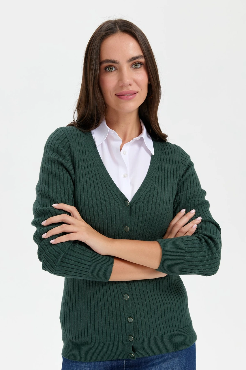 Desen Triko Kadın V Yaka Dikişsiz Hırka Yeşil Yeşil