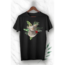 Unisex Beyaz Mitoloji Heykel Baskılı Tişört Siyah