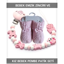 Sahi Aksesuar İsimsiz Bebek Emzik Zinciri ve Kız Bebek Pembe Patik Seti Pembe
