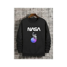 Magors Stıl-x Nasa Uzay Baskılı Oversıze Pamuklu Siyah Renk Sweatshırt Siyah
