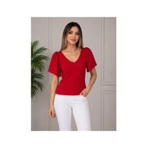 Gül&can Butik Kadın Kırmızı V Yaka Fitilli Dokulu Balon Kol Şık Günlük Triko Bluz Kırmızı
