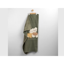 Ayı Nakışlı İçi Peluşlu Polar Battaniye -90x90 Haki