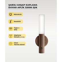 Şarjlı Sensörlü Duvar Apliği Ahşap Kaplama Mıknatıslı, Usb Type-c Şarjlı, 3200k Sıcak Işık, Akıllı Hareket Sensörlü Led Kahverengi