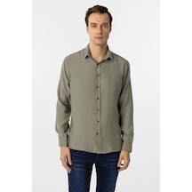 Süvari Haki Slim Fit Düz Klasik Yaka Gömlek Haki
