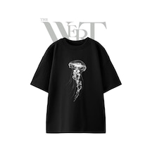 Thewert Jellyfish Tasarım Baskılı Ünisex Siyah Oversize T-shirt