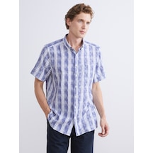 Lcwaıkıkı Classic İndigo Regular Fit Kısa Kollu Çizgili Poplin Erkek Gömlek