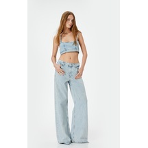 Koton Taşlı Geniş Paça Kot Pantolon Baklava Desenli Cepli - Bianca Wide Leg Jeans Açık İndigo 4sal40300md Açık İndigo