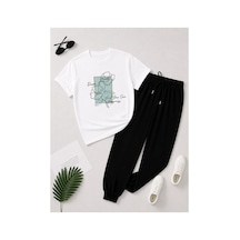 Herkesemoda Soft Çiçek Desen Baskı Detaylı T-shirt Eşofman Takımı Beyaz