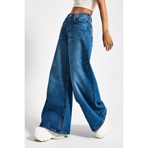 Itsbasic Kadın Mavi Renk 2s5-4 Palazzo Fit Beli Lastliki %100 Koton Denim Jean