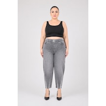 Zanessi Büyük Beden Beli Lastikli Cepli Likralı Denim Mom Kesim Kadın Pantolon Gri