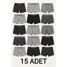 Enmodaiçgiyim 15 Adet Karma Desenli Pamuklu Likralı Erkek Boxer Seti Nefes Alabilen, Esnek Bel Lastiği Çok Renkli