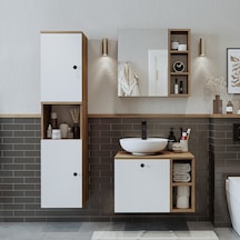 Lavabolu Mdf 65 Cm Lotus Çekmeceli Banyo Dolabı + Aynalı Dolap Atlantik Çam - Beyaz